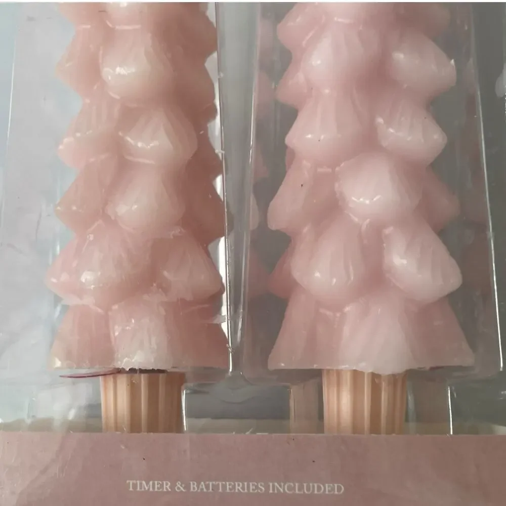 Cupcakes & Cashmere Pink Christmas Tree LED Taper Candles w/ Timer Set of 2 NEW